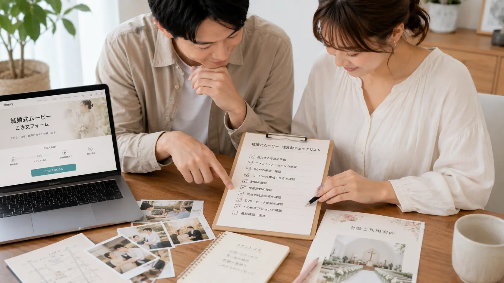 結婚式ムービーの写真提出前チェックをする新郎新婦