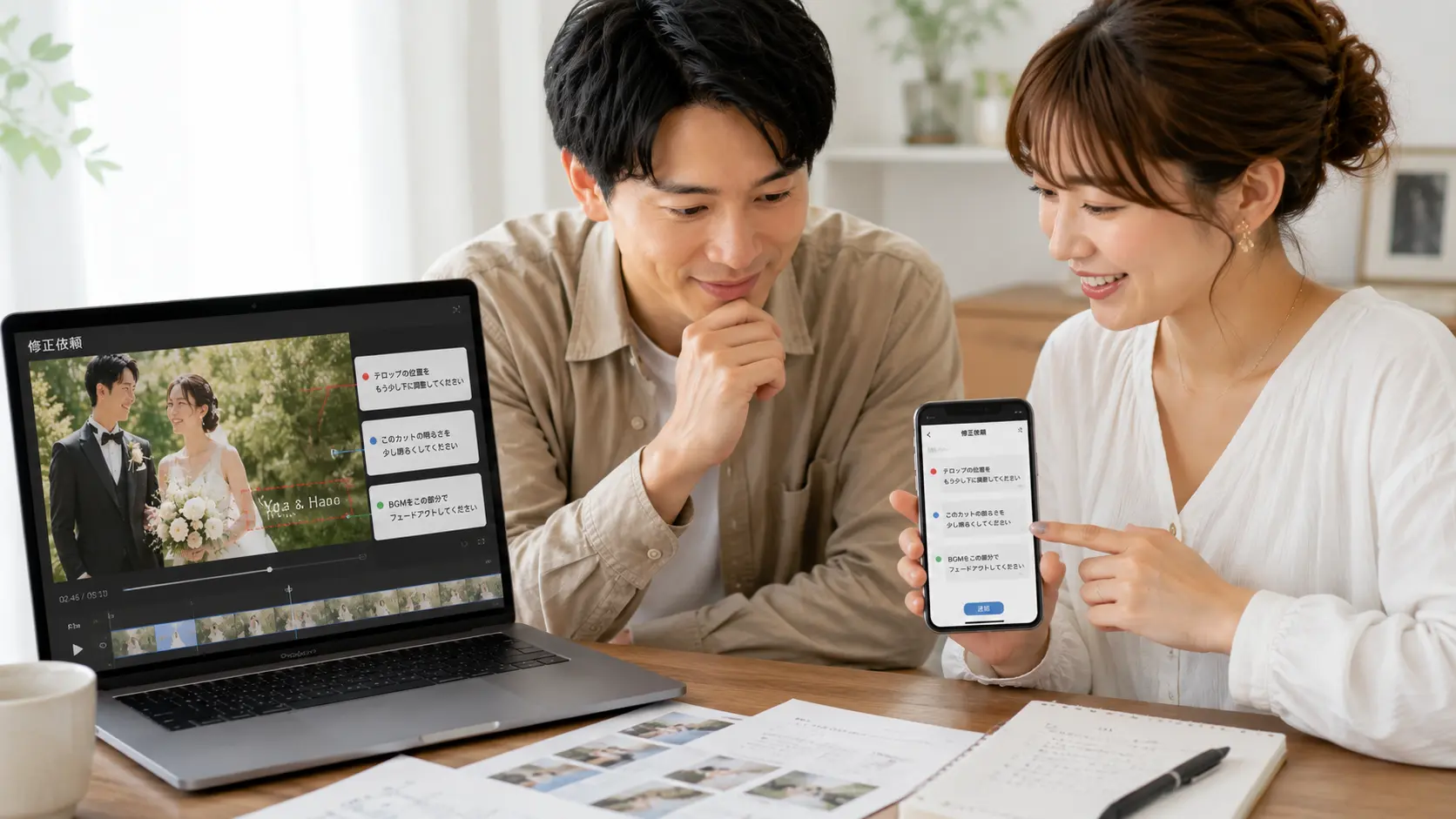 結婚式ムービーの注文後に写真追加を相談する新郎新婦