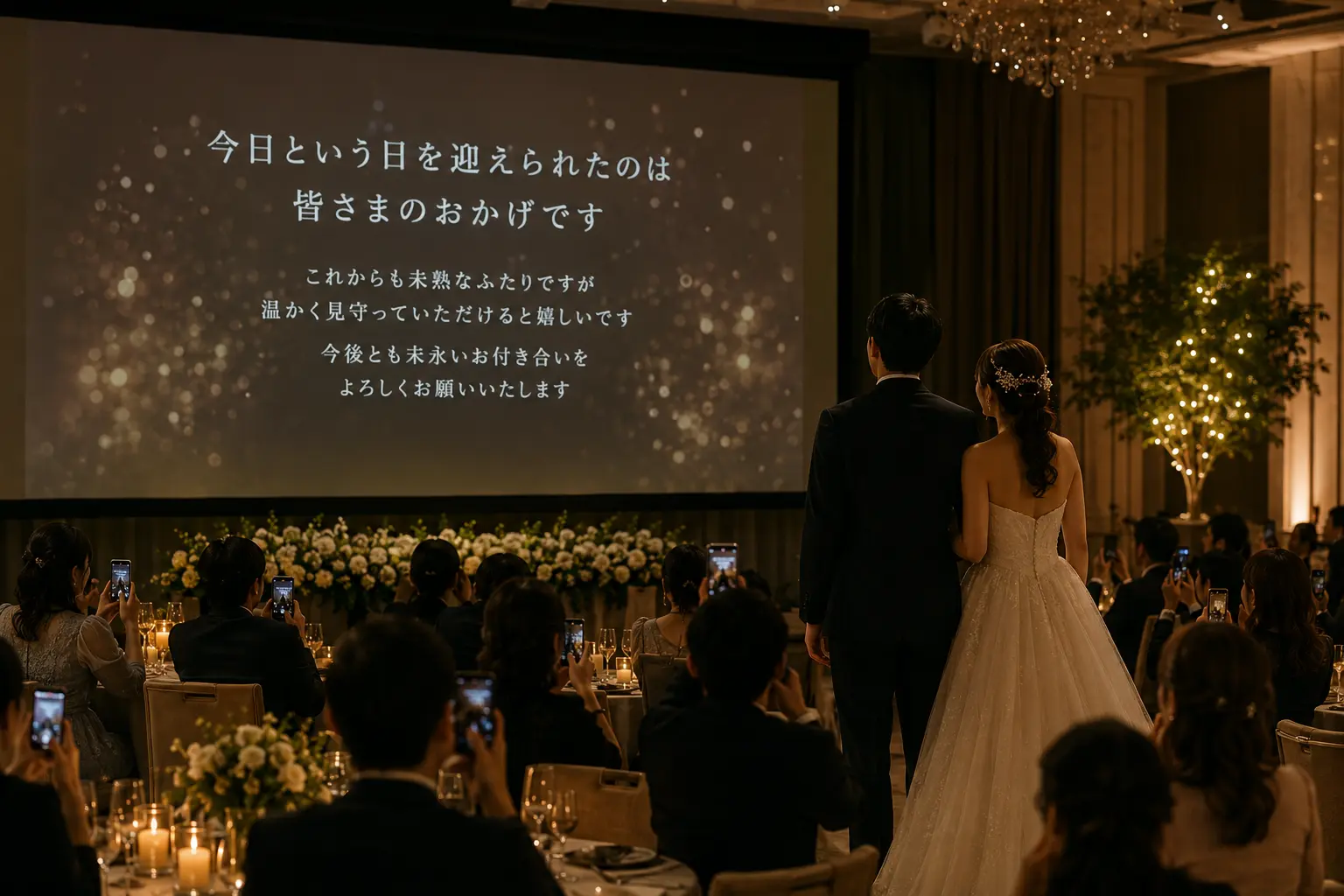 披露宴会場でエンドロールムービーを上映している様子