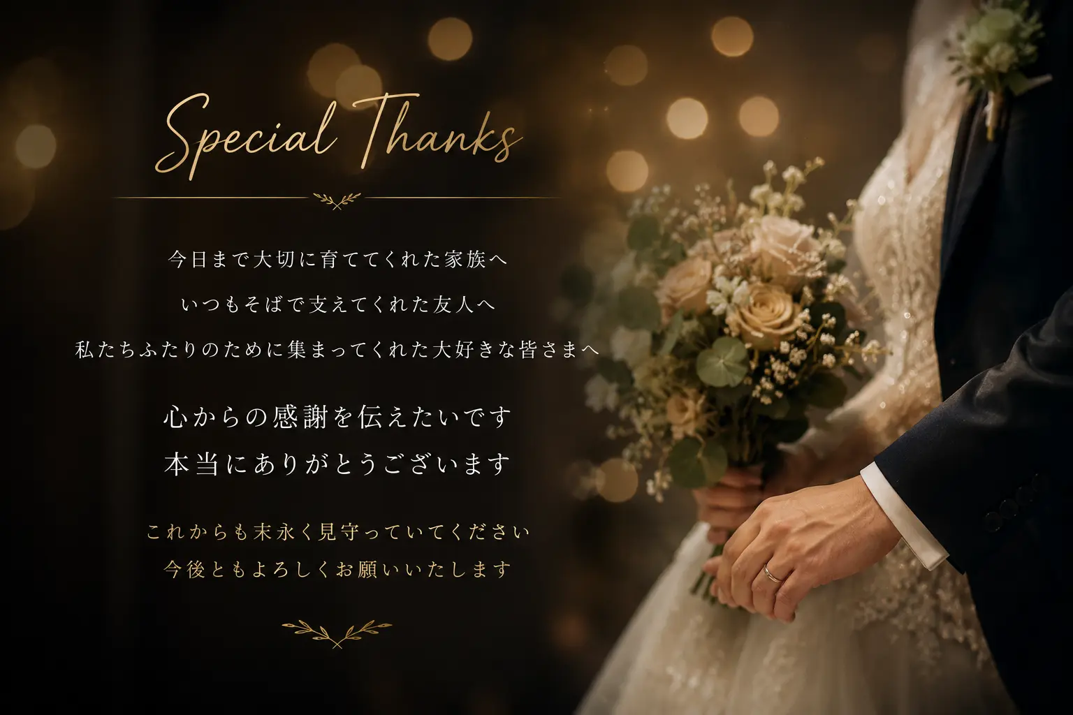 結婚式エンドロールの締めコメントで感謝を伝えるイメージ