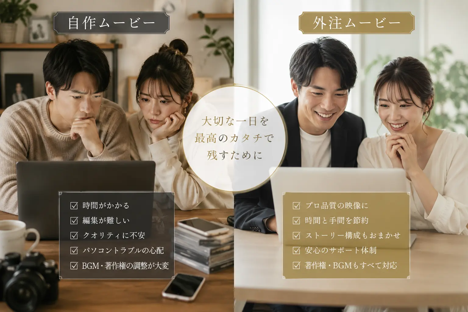 結婚式ムービーを自作するか外注するか比較しているイメージ