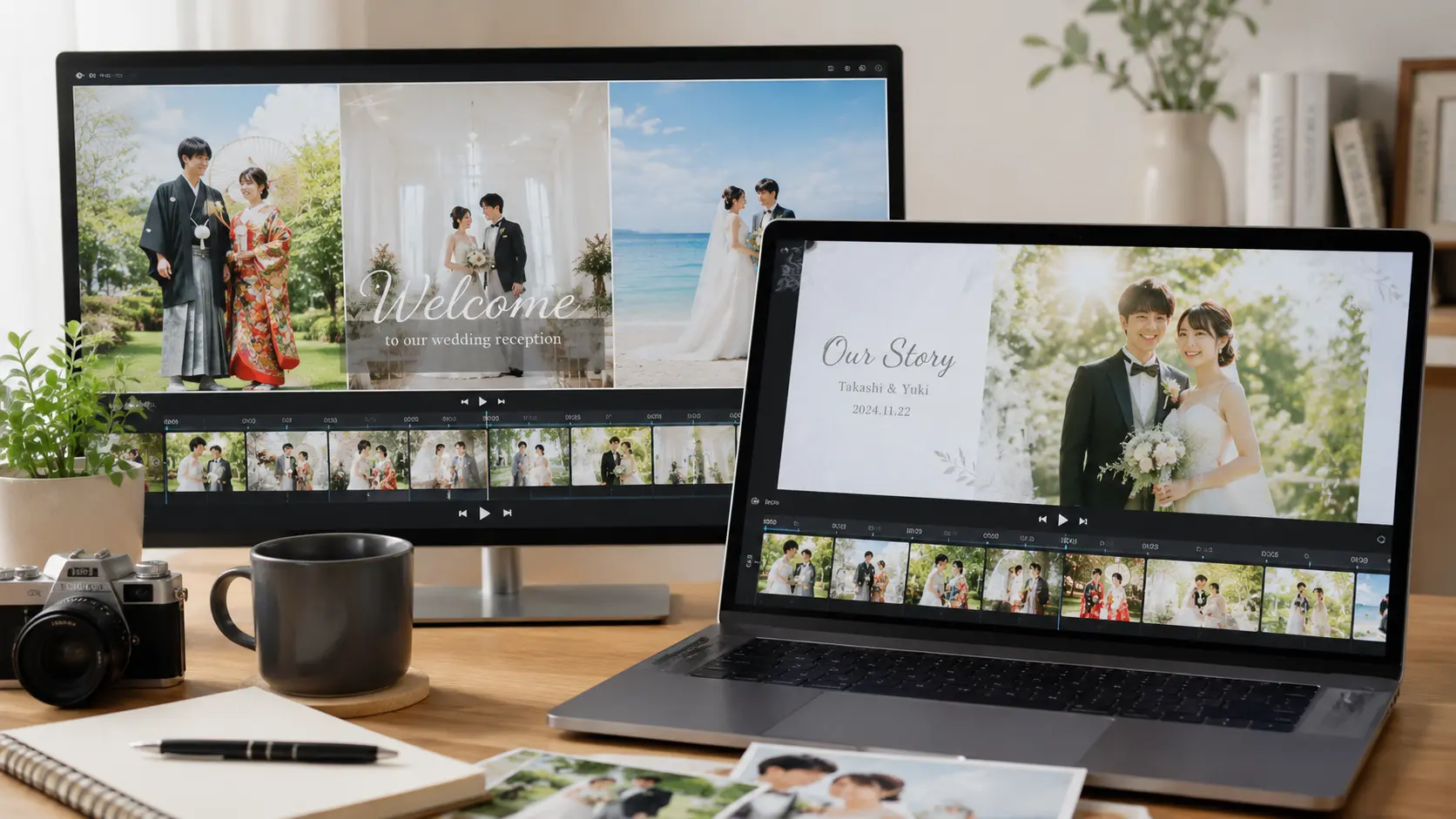 オープニングムービーに使う前撮り写真を準備するイメージ