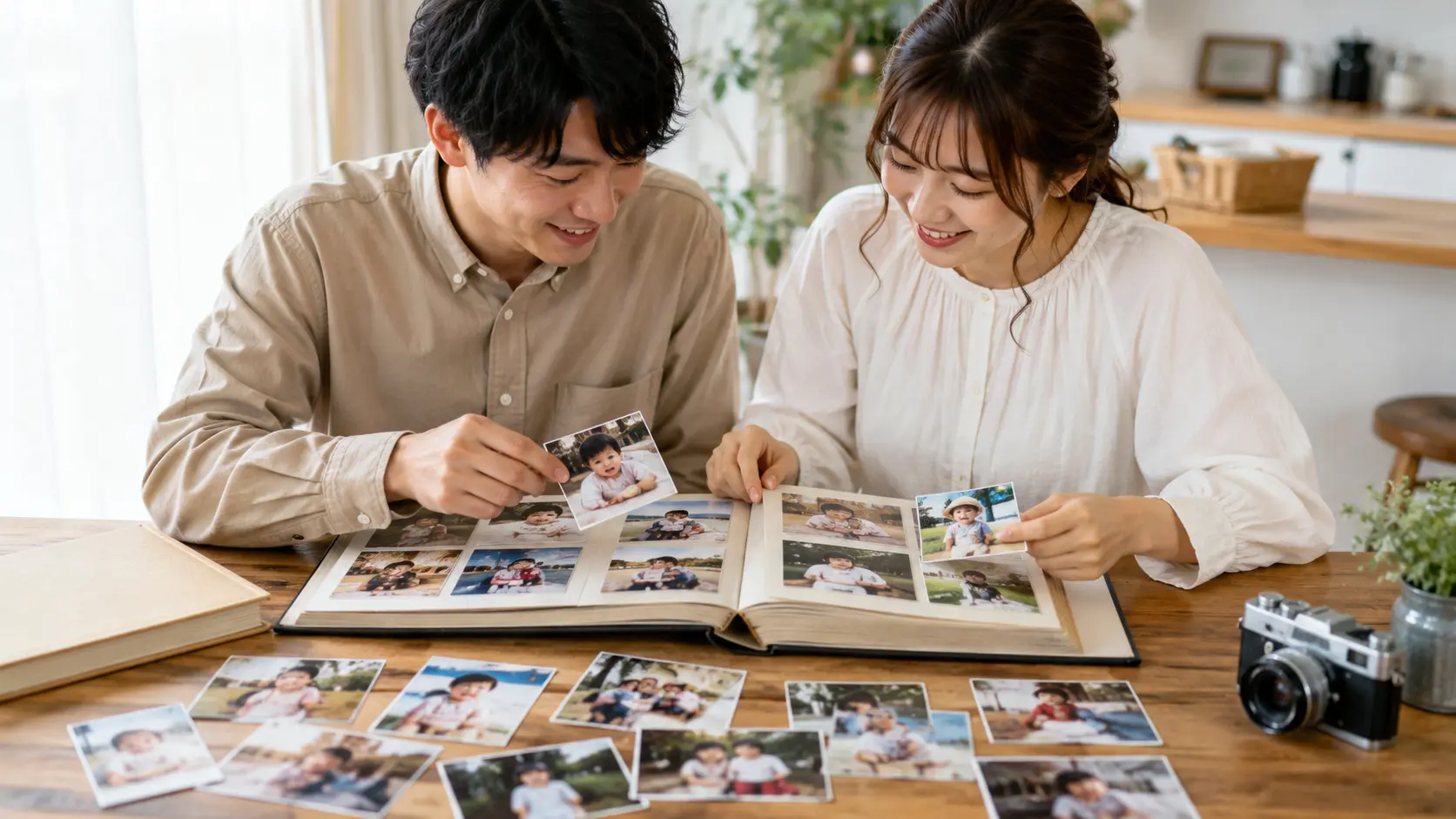 プロフィールムービー用の幼少期写真を選ぶ新郎新婦