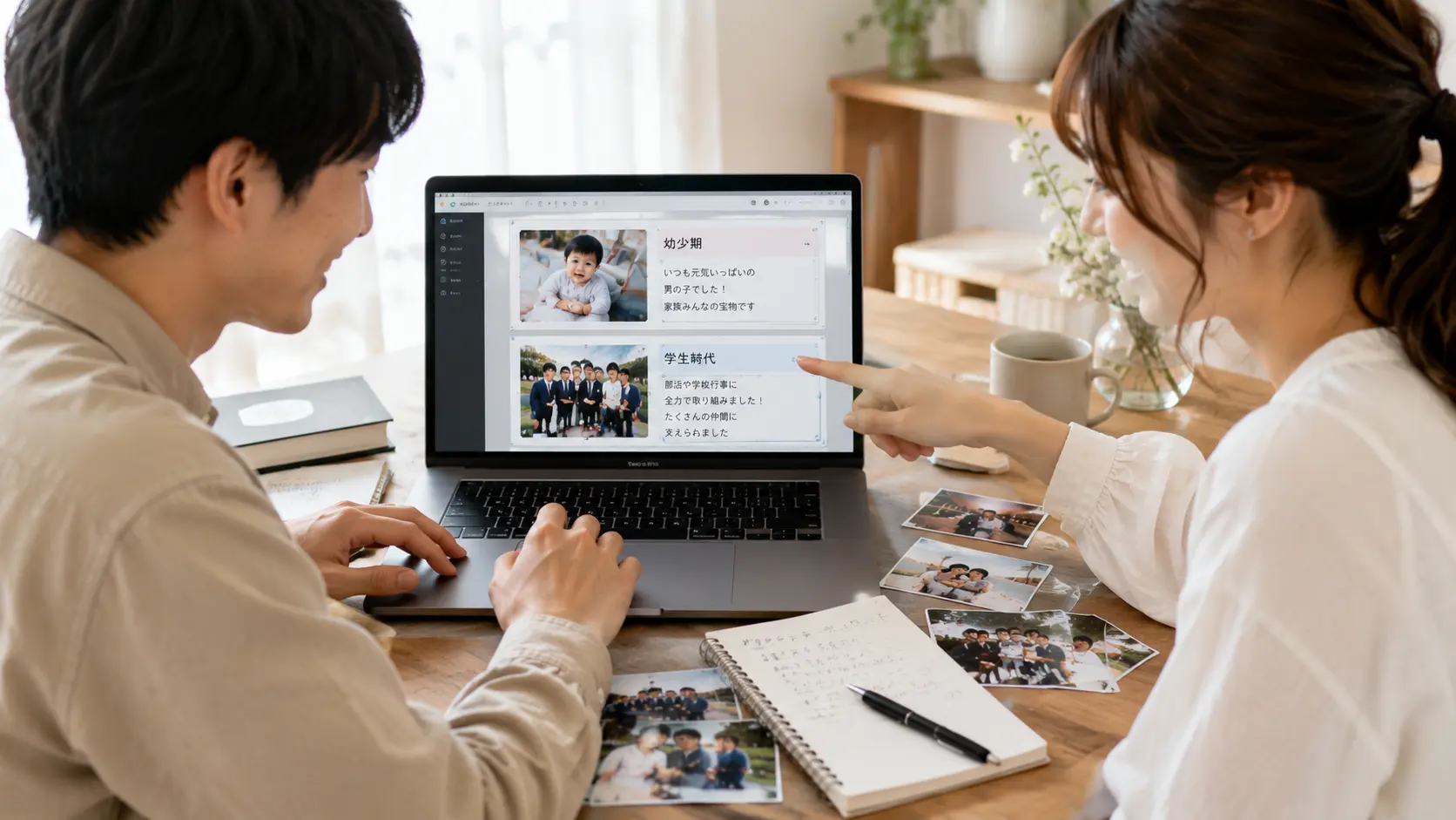 プロフィールムービーの写真とコメントを対応させて入力する新郎新婦