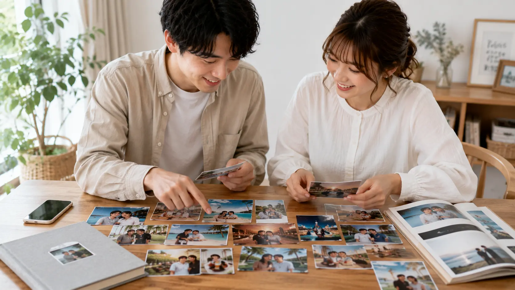 プロフィールムービーのふたりパート写真を選ぶ新郎新婦