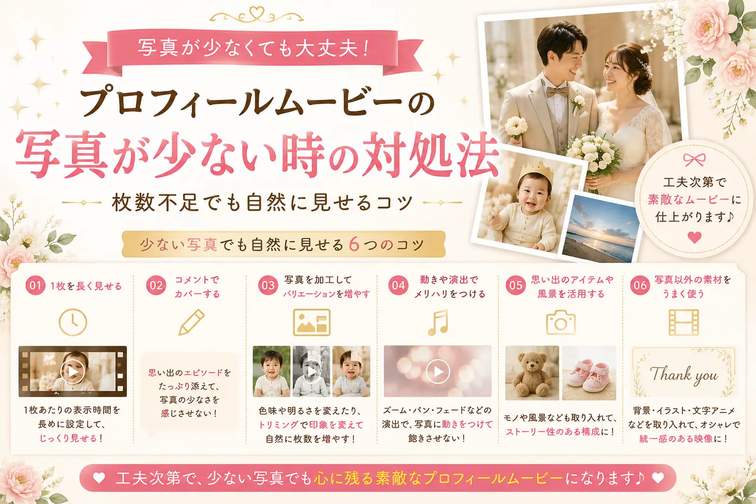 プロフィールムービーで写真枚数に差がある時は？自然に見せるコツをに関連する写真が少ない場合に相談しながら準備するイメージ