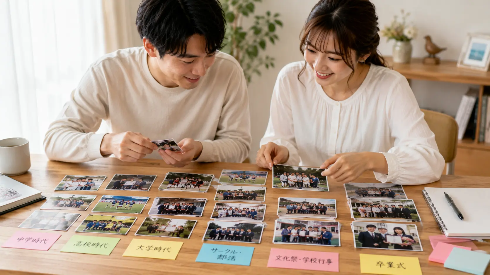 プロフィールムービーの写真提出前に学生時代写真を整理する新郎新婦