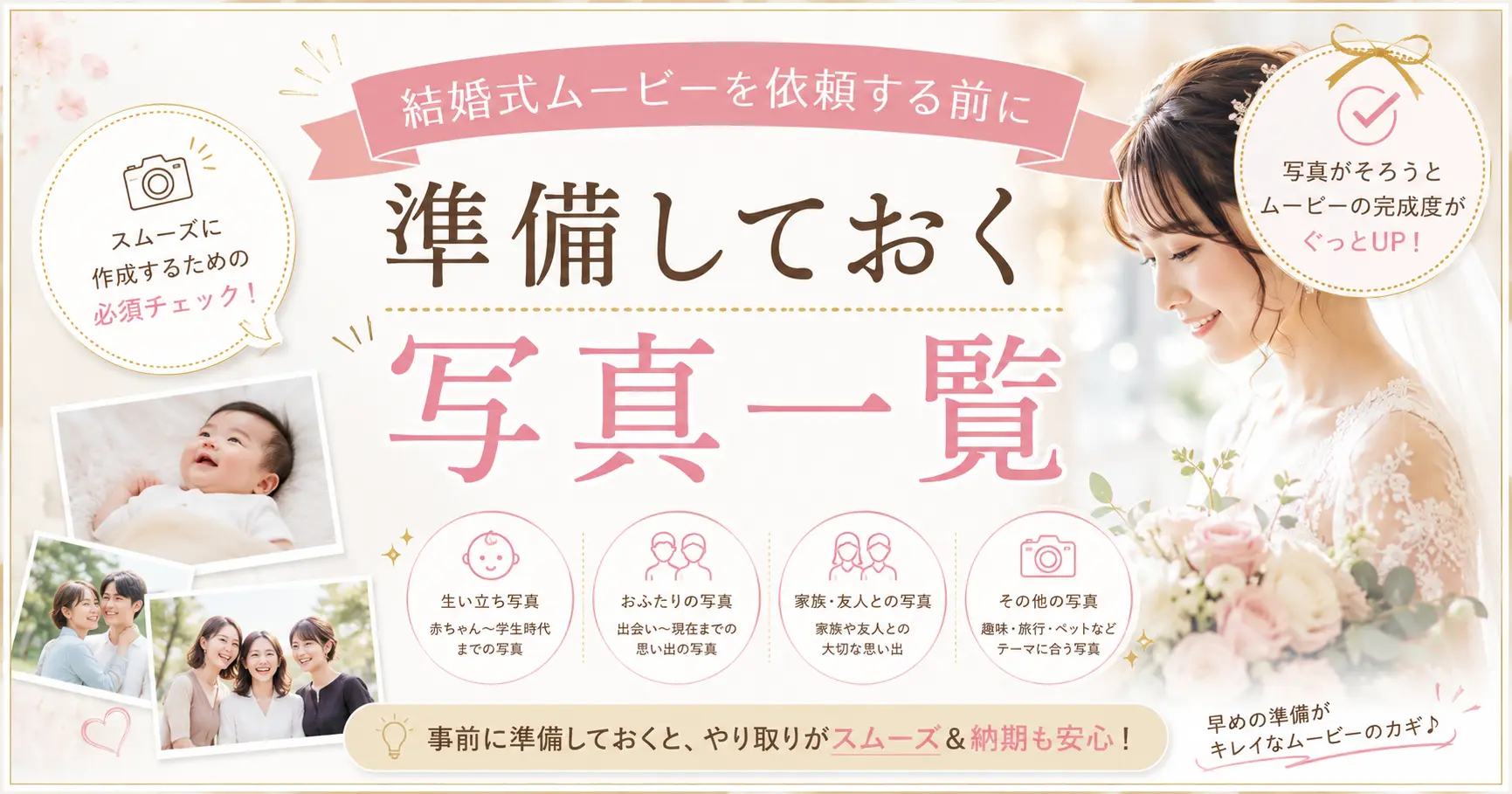 結婚式ムービーで両親へ感謝を伝えるには？写真選び・コメント例・入に関連する結婚式ムービーの準備イメージ