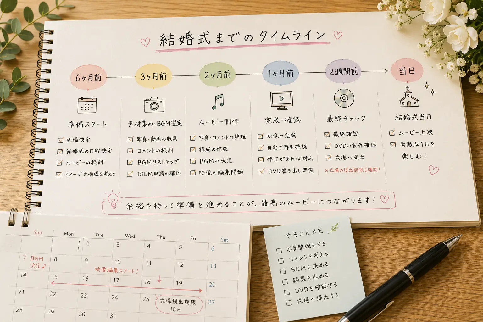 結婚式ムービーの注文から完成までのスケジュールを確認するイメージ