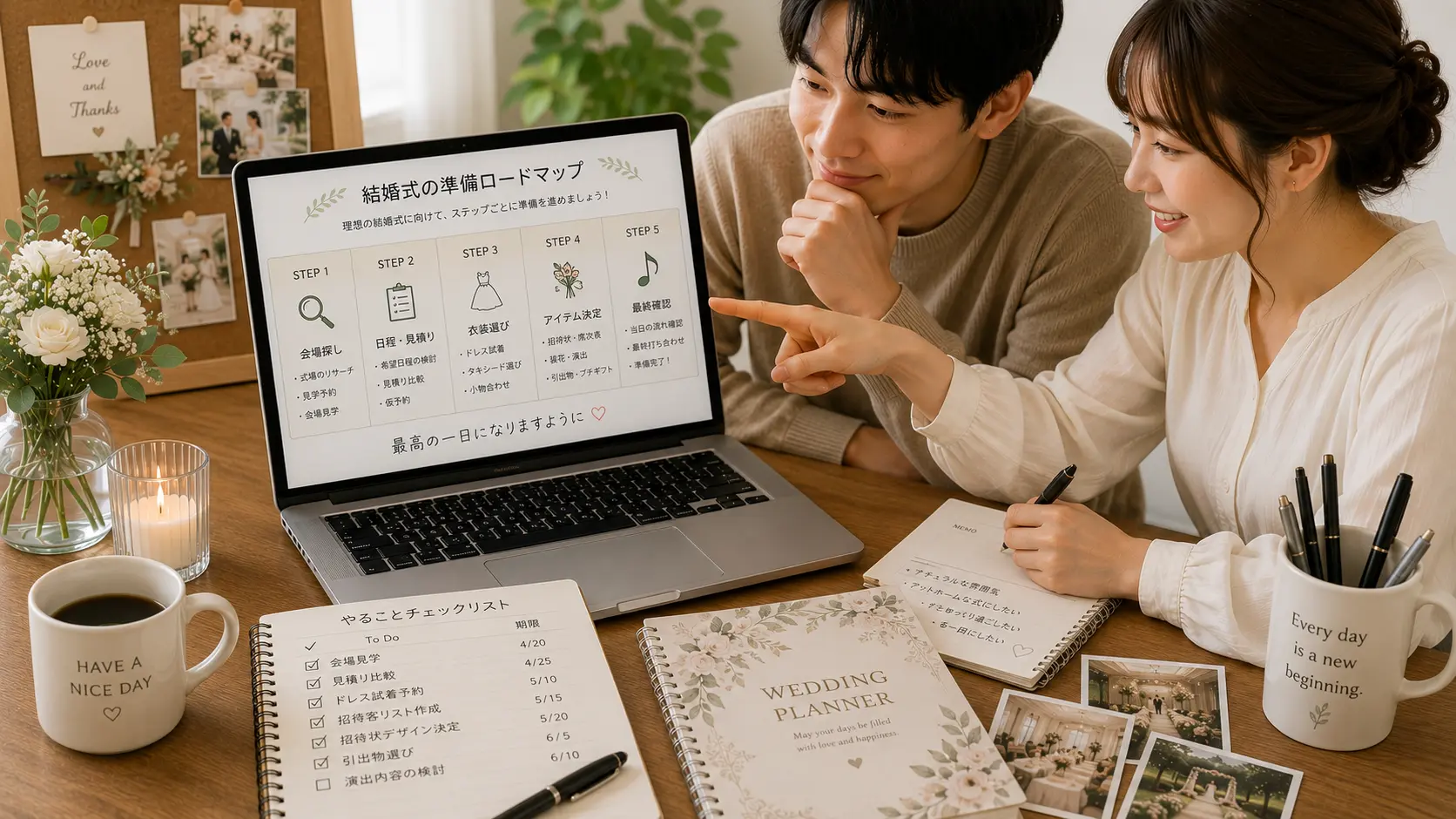 プロフィールムービーの面白いコメント例文集に関連する結婚式準備の流れを整理するイメージ