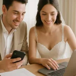 結婚式ムービーのBGM変更を相談しながら確認する新郎新婦のイメージ