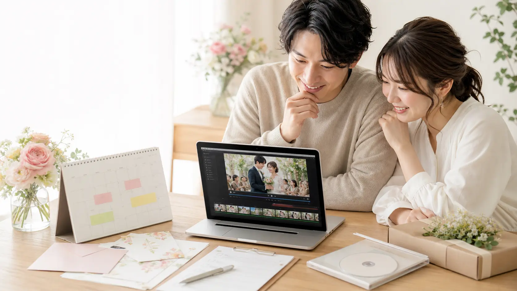 結婚式ムービーの式場で流すBGMとムービーに入れるBGMの違いを確認する新郎新婦